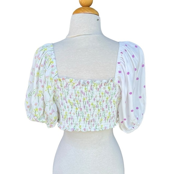 For Love & Lemons Strudel Floral Blouse Puff Sleeve Polka Dot Cropped Smocked LG - Picture 4 of 13